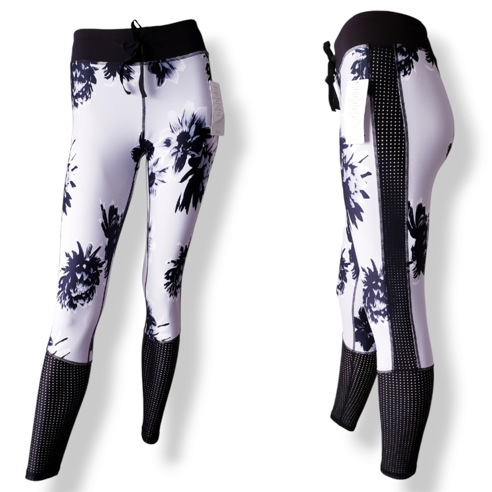 Body Language Black & White Floral Leggings With Mesh Detail